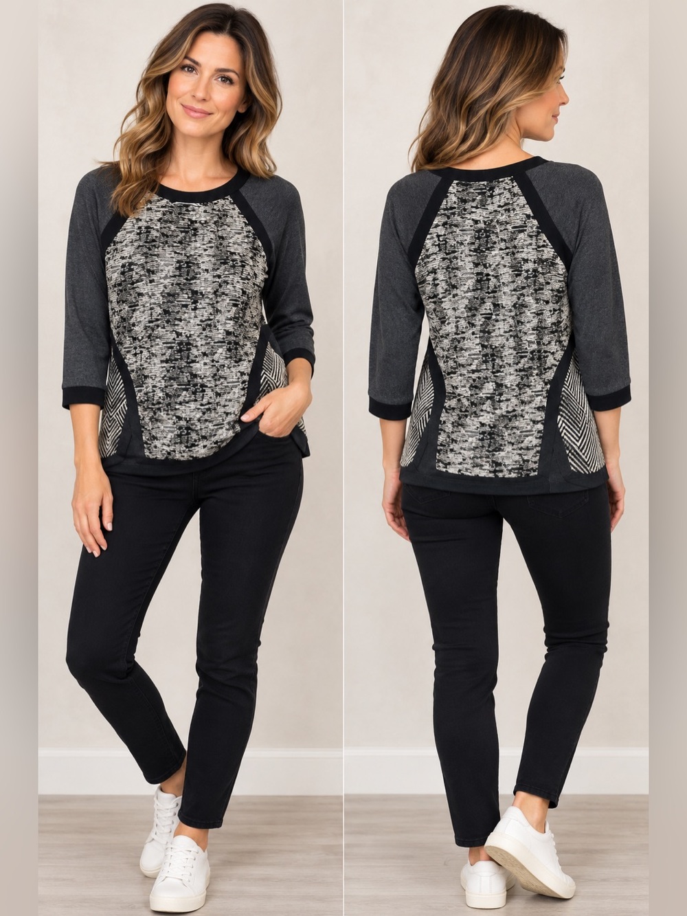 Anthropologie Harlyn Sweater Top Women's Sz M Gray Black Tunic Back Zip Art